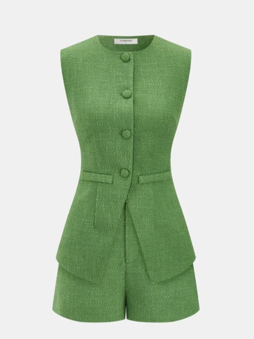 COMMENSE Green Tweed Sleeveless Vest & Shorts Set - size Small